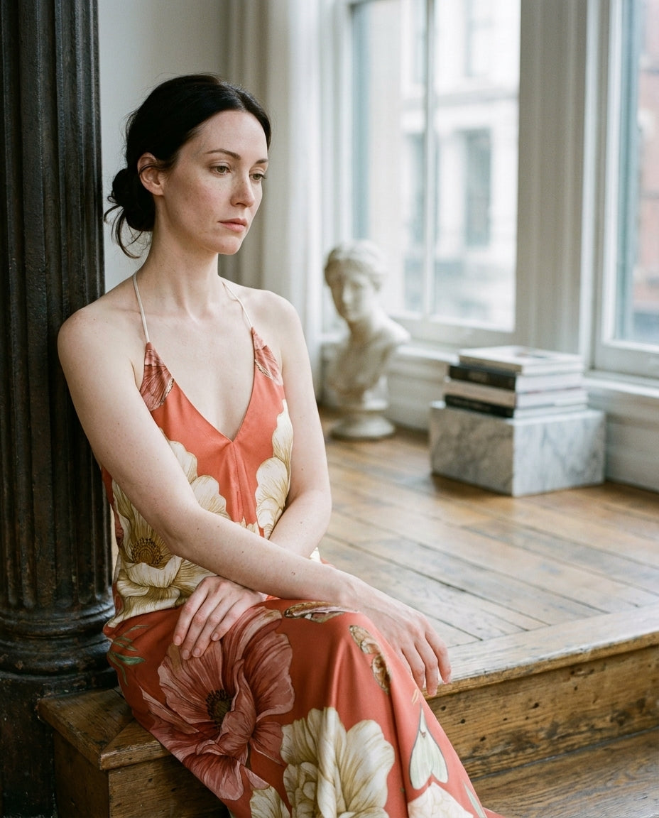 Pavot Vermillon — Poppy Silk Slip — editorial, seated composed