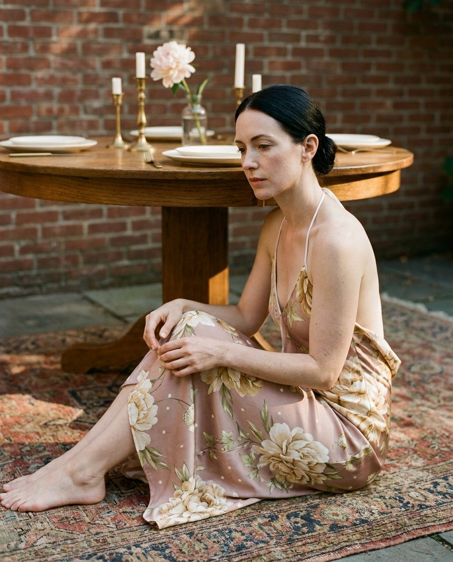 Pivoine Blush — Peony Silk Slip — editorial, seated composed