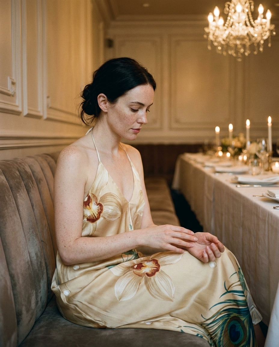 Orchidée Champagne — Cymbidium Silk Slip — editorial, seated composed