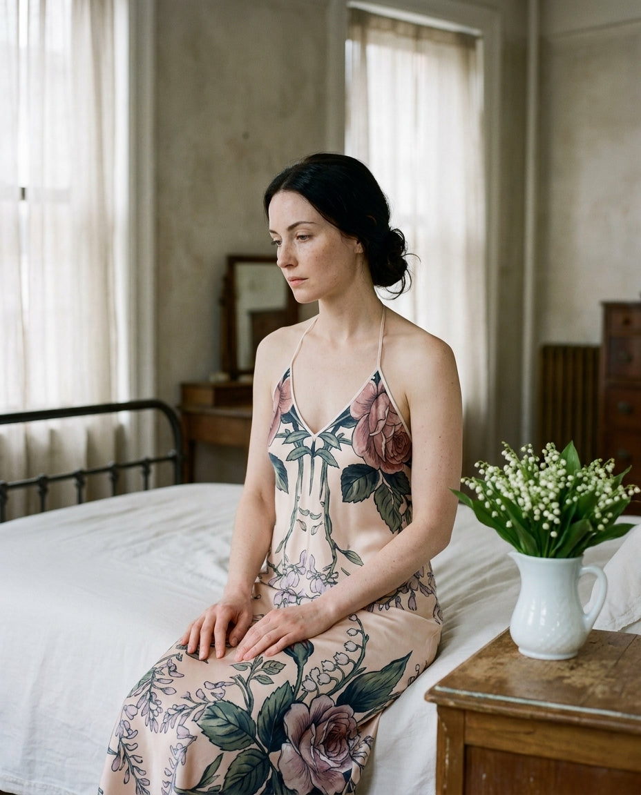 Toile Bouquetière — Wisteria Toile Silk Slip — editorial, seated composed
