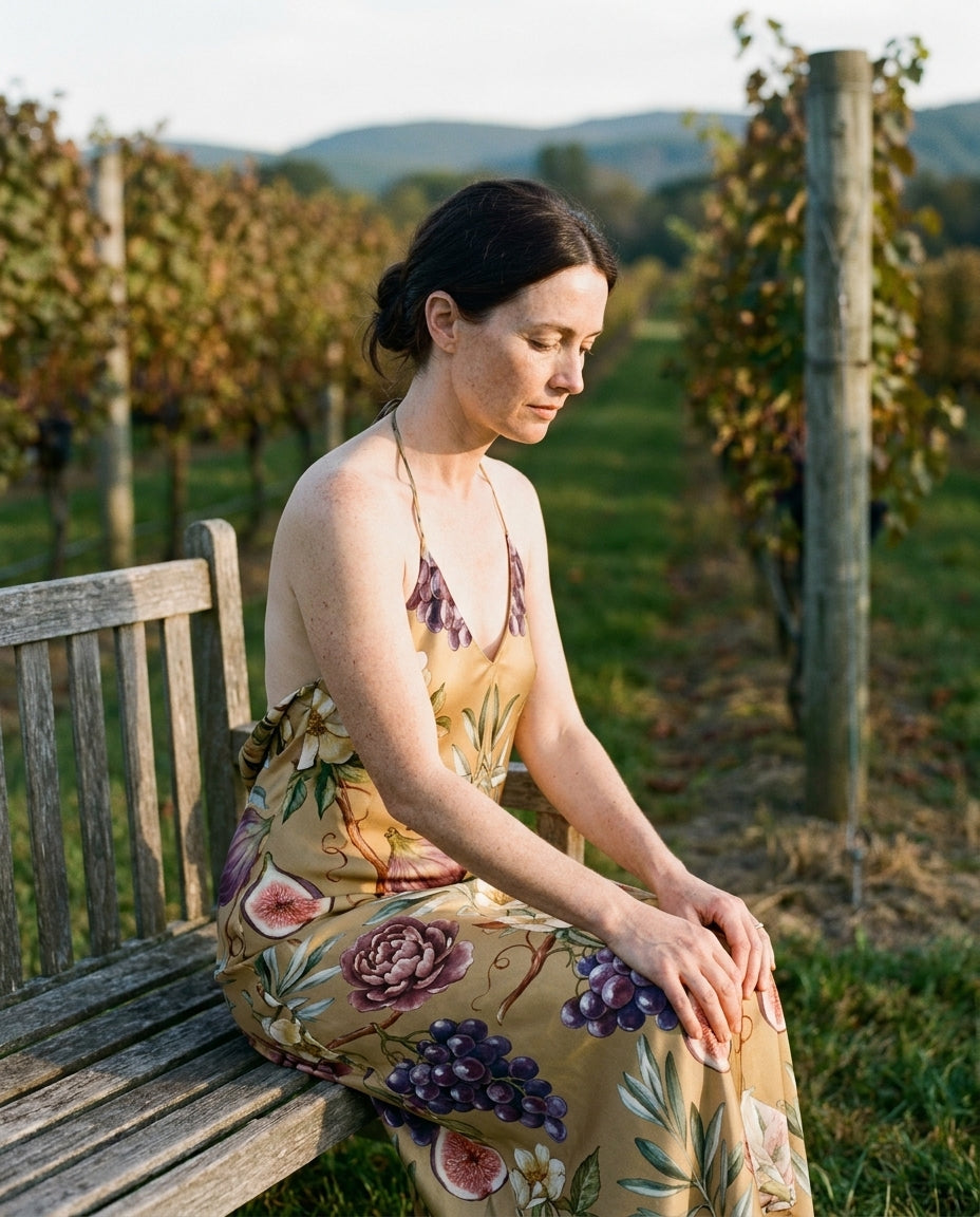 Vignoble Doré — Vineyard Gold Silk Slip — editorial, seated composed