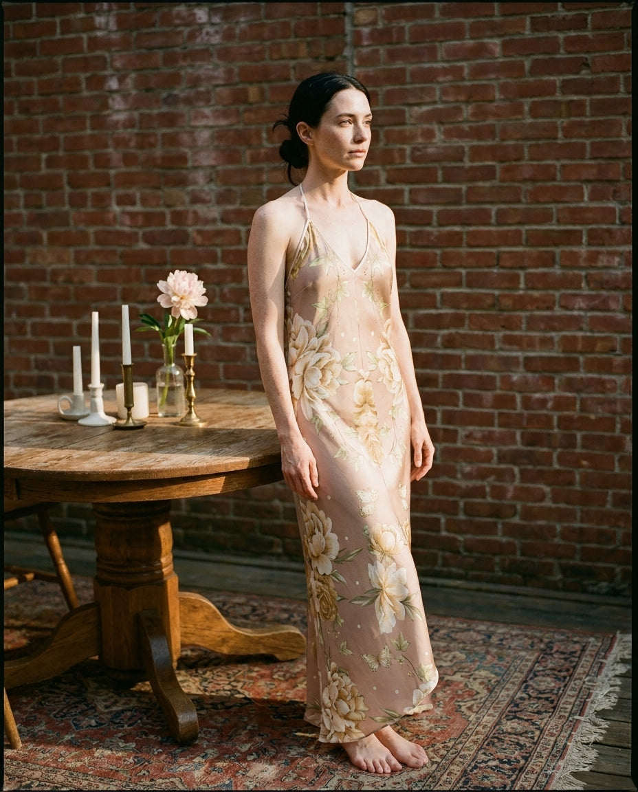Pivoine Blush — Peony Silk Slip — editorial, three quarter portrait