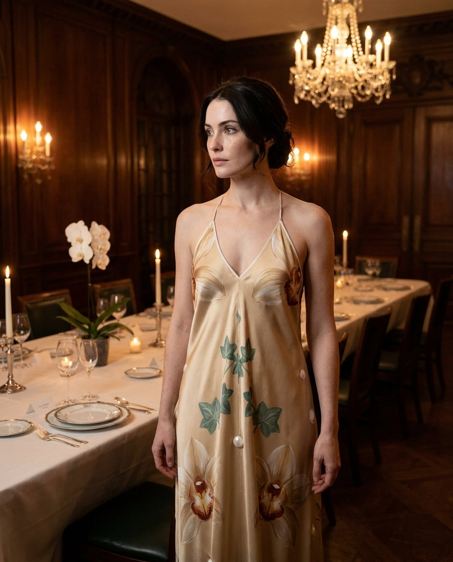 Orchidée Champagne — Cymbidium Silk Slip — editorial, three quarter portrait