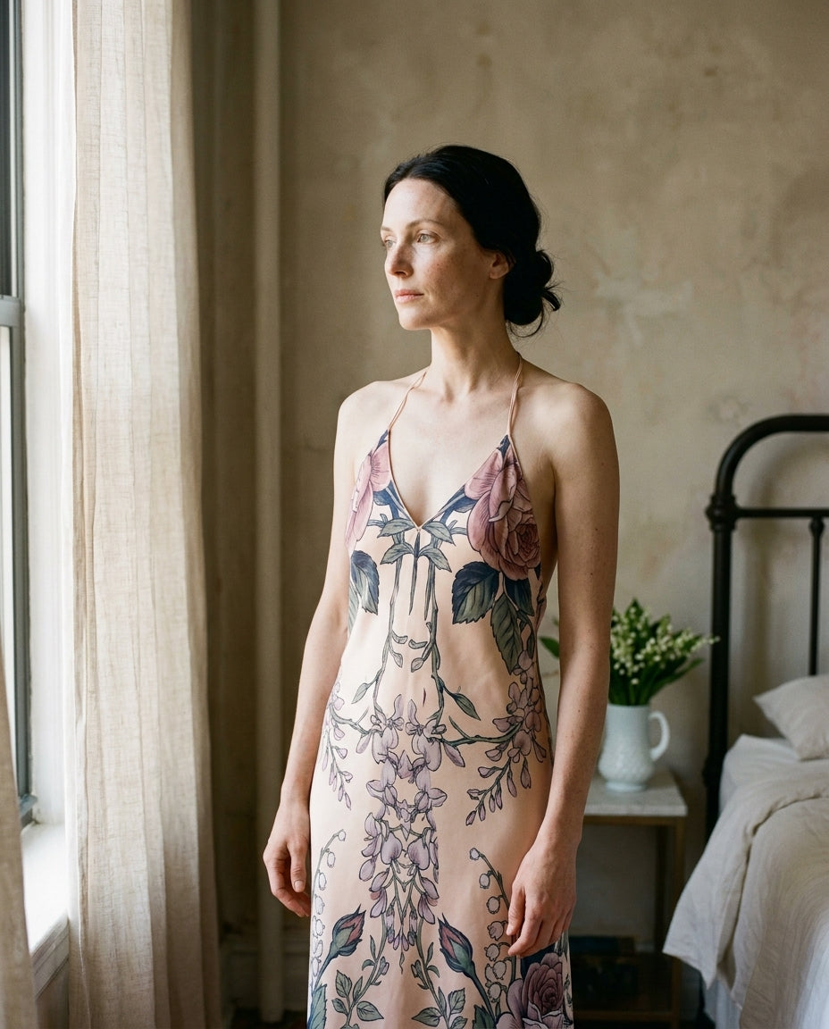 Toile Bouquetière — Wisteria Toile Silk Slip — editorial, three quarter portrait