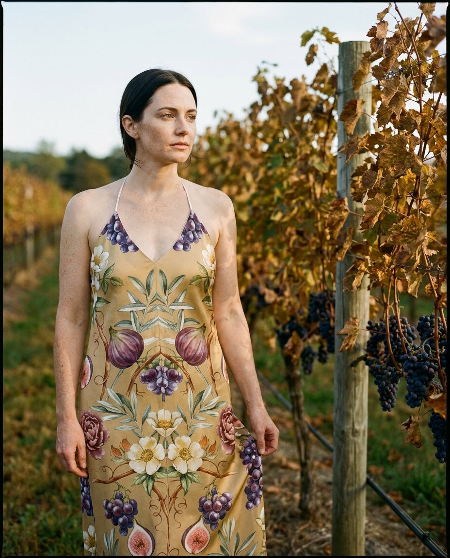 Vignoble Doré — Vineyard Gold Silk Slip — editorial, three quarter portrait