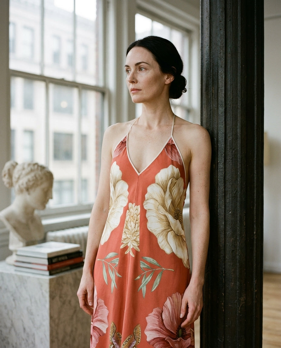 Pavot Vermillon — Poppy Silk Slip — editorial, three quarter portrait