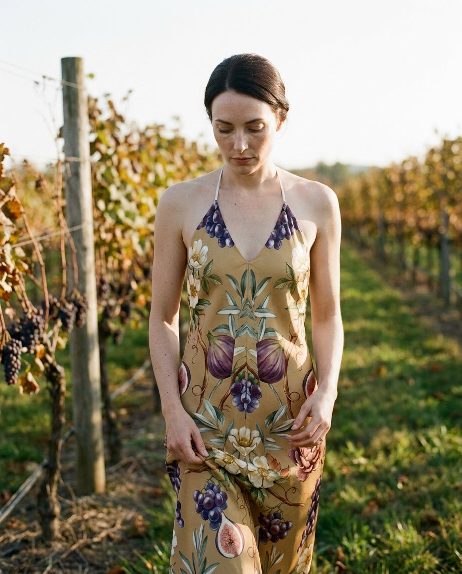 Vignoble Doré — Vineyard Gold Silk Slip — editorial, wide establishing