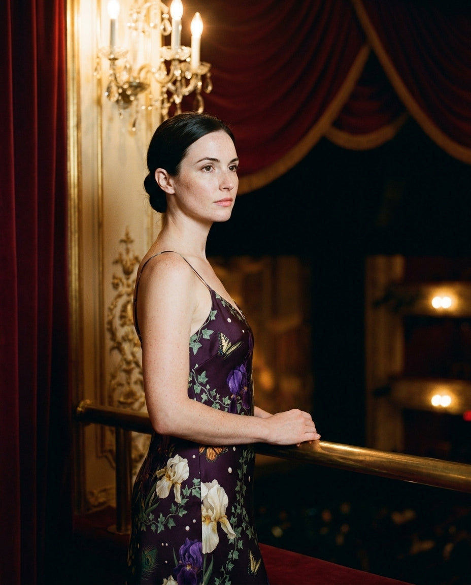 L'Iris au Bal — Aubergine Silk Slip — editorial, wide establishing