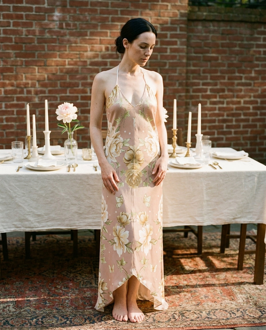 Pivoine Blush — Peony Silk Slip — editorial, wide establishing