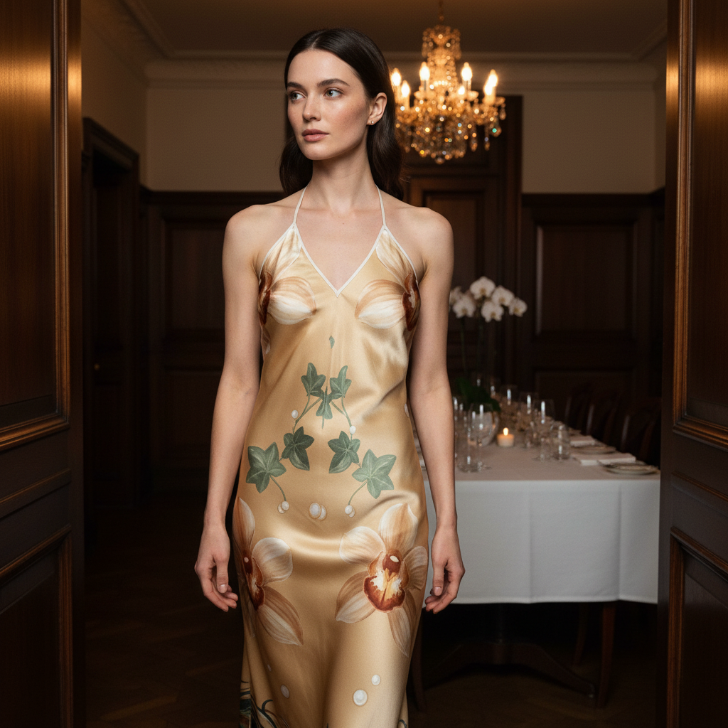 Orchidée Champagne — Cymbidium Silk Slip — editorial, wide establishing
