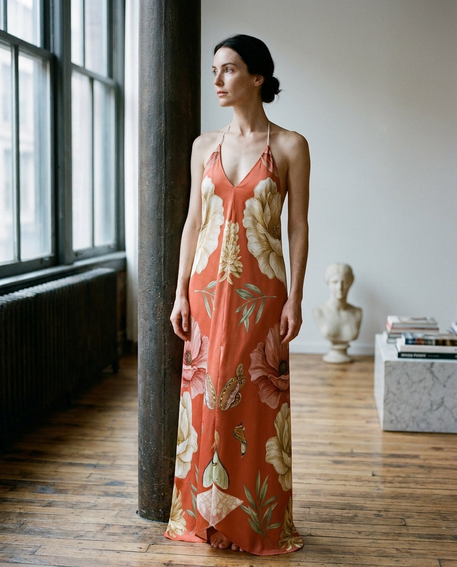 Pavot Vermillon — Poppy Silk Slip — editorial, wide establishing
