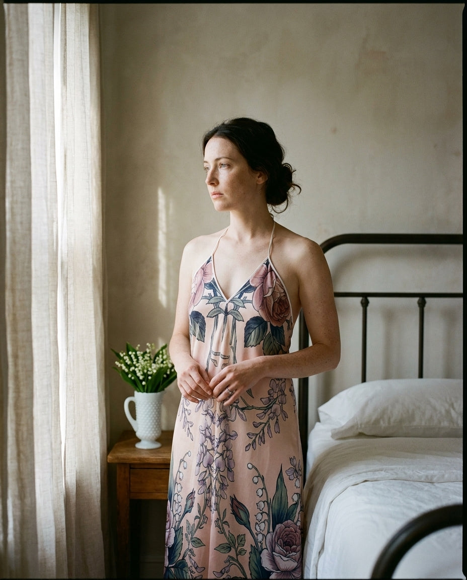 Toile Bouquetière — Wisteria Toile Silk Slip — editorial, wide establishing