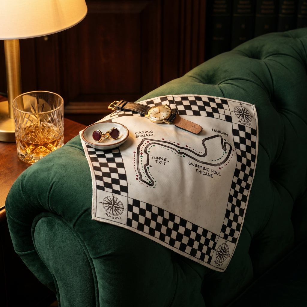 Pochette Monaco Grand Prix — macro detail on racing green — heritage silk twill and hand finished leather — Hoboken atelier