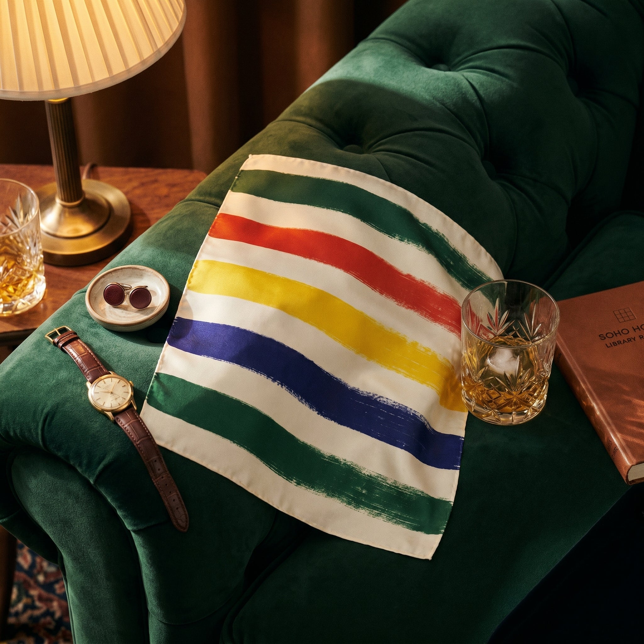 Pochette Hudson Bay — drape in motion on a sunlit balcony — fluid reactive-dyed silk satin — Hoboken atelier