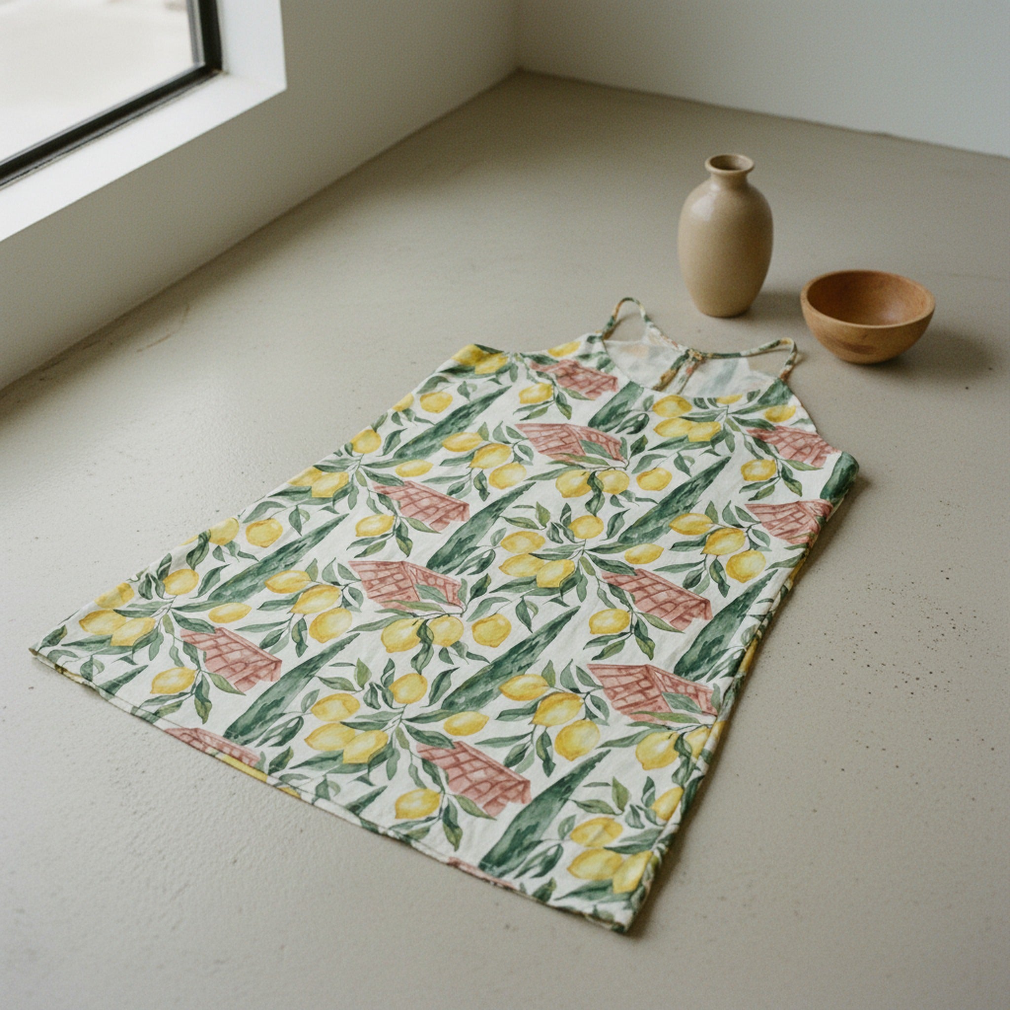 La Côte d'Azur — Lemon-Grove Tea Dress — hero flatlay on white — reactive-dyed mulberry silk — Hoboken atelier