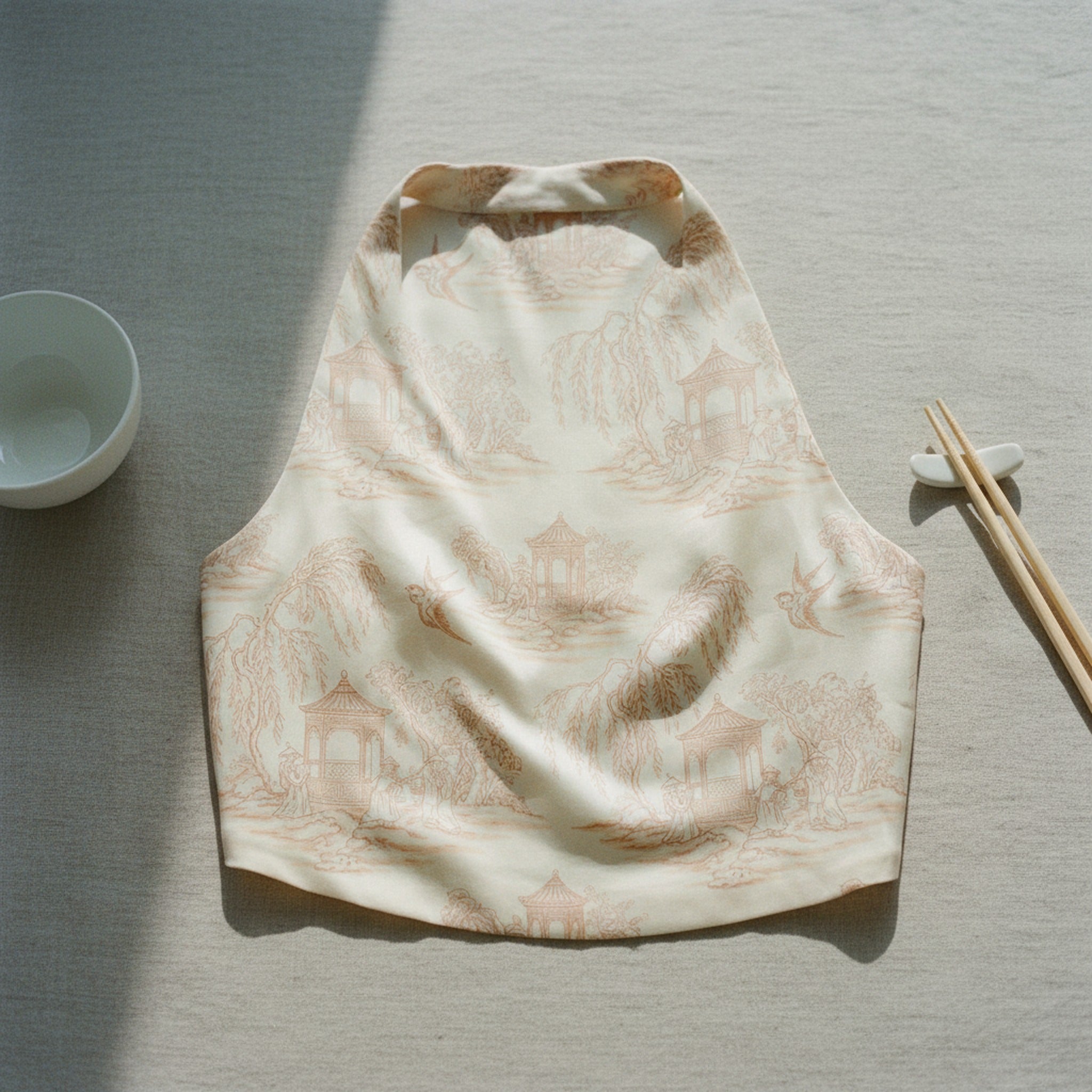 La Demoiselle — Halter Bridesmaid Dress hero flatlay on dusty rose — reactive-dyed mulberry silk charmeuse — Hoboken atelier
