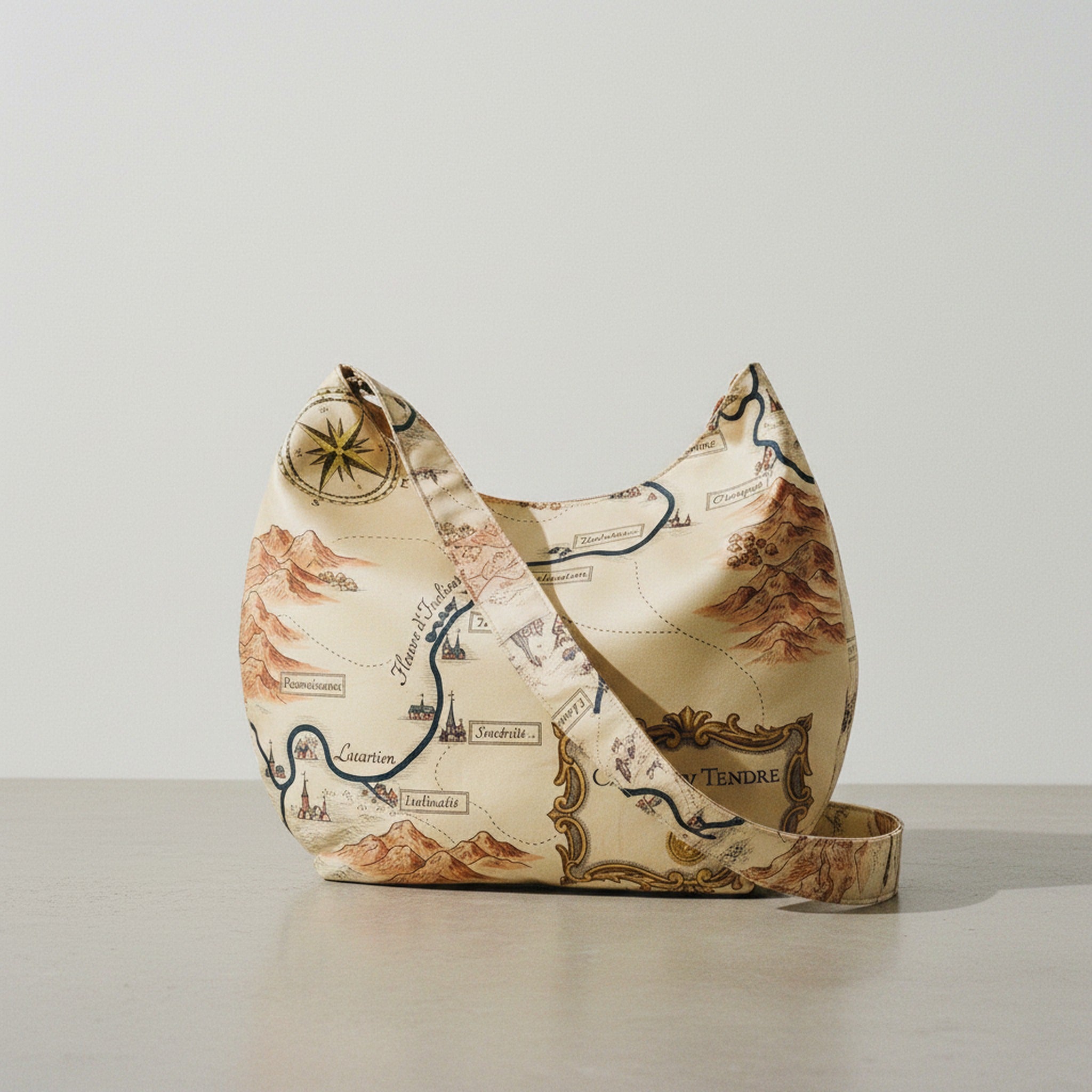 Le Demi-Lune in Carte de Tendre — hero flatlay on ivory — Italian nappa leather allegorical bag — Hoboken atelier