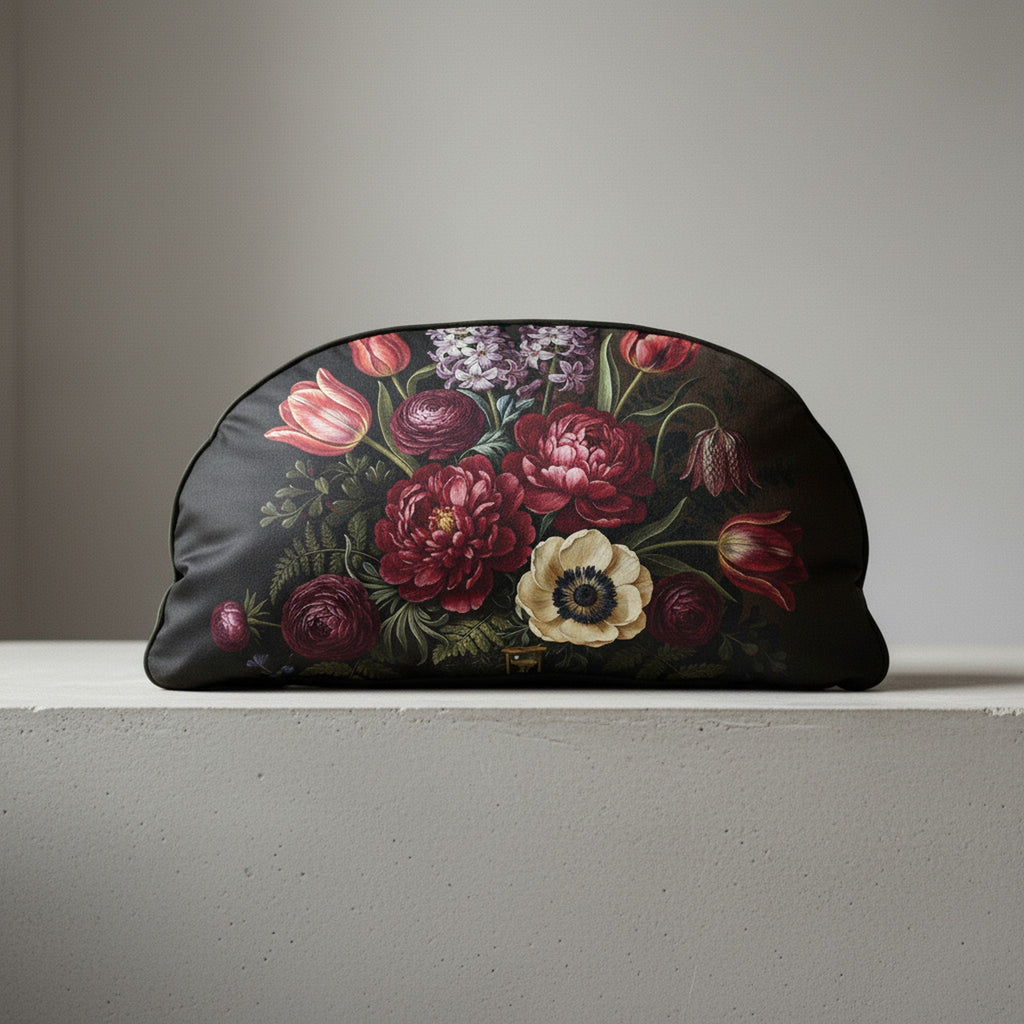 Le Demi-Lune in Memento Mori Floral — hero flatlay on dark ground — artisan crafted Italian nappa leather and silk — Hoboken atelier