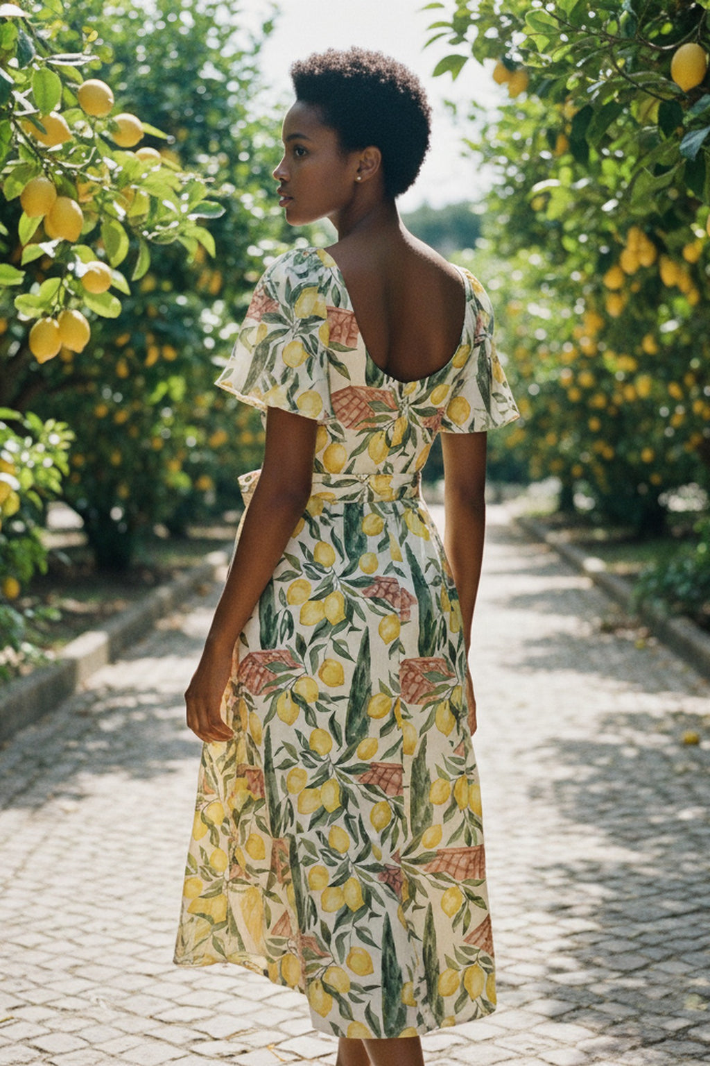 La Côte d'Azur — Lemon-Grove Tea Dress — editorial styled view under lemon trees — vibrant mulberry silk — Hoboken atelier