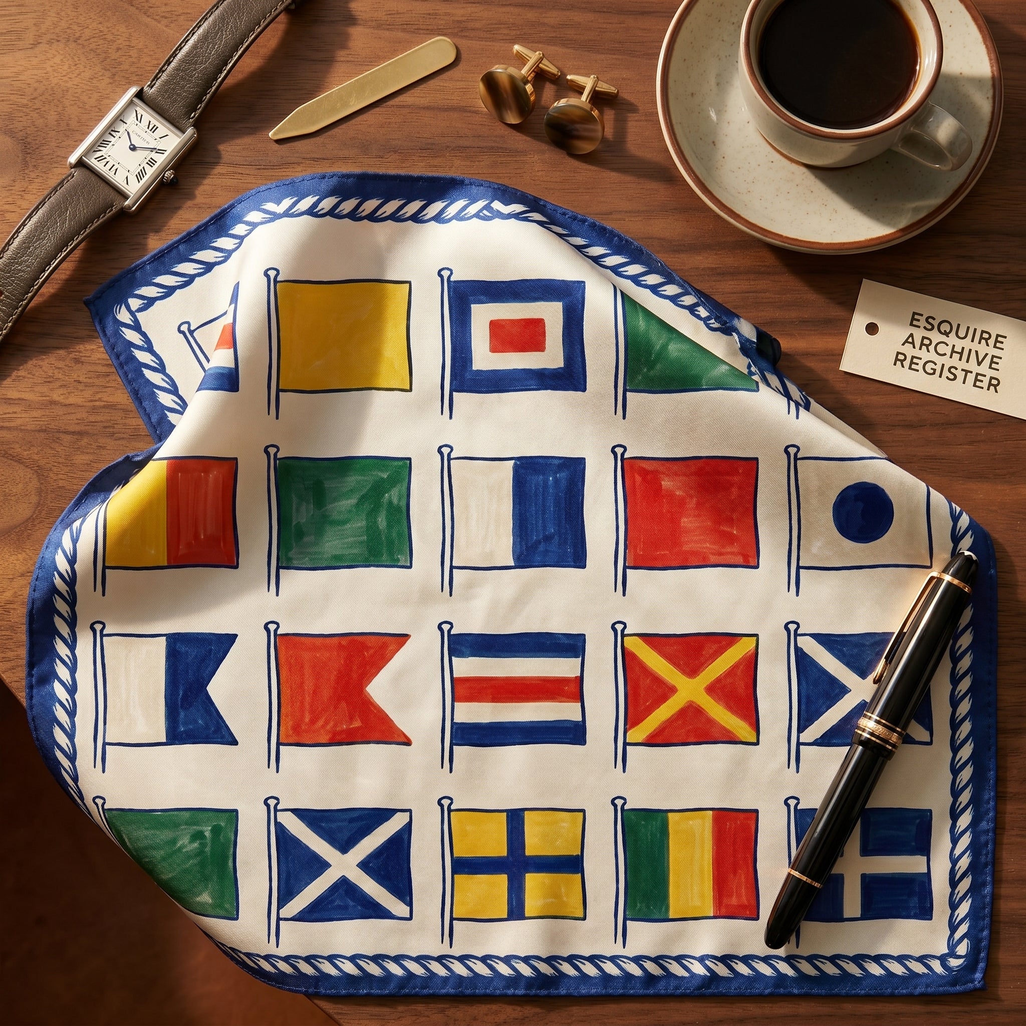 Pochette Pavillons Maritimes — reverse view on a white table — luxury leather goods & editorial silk clutch — Hoboken atelier