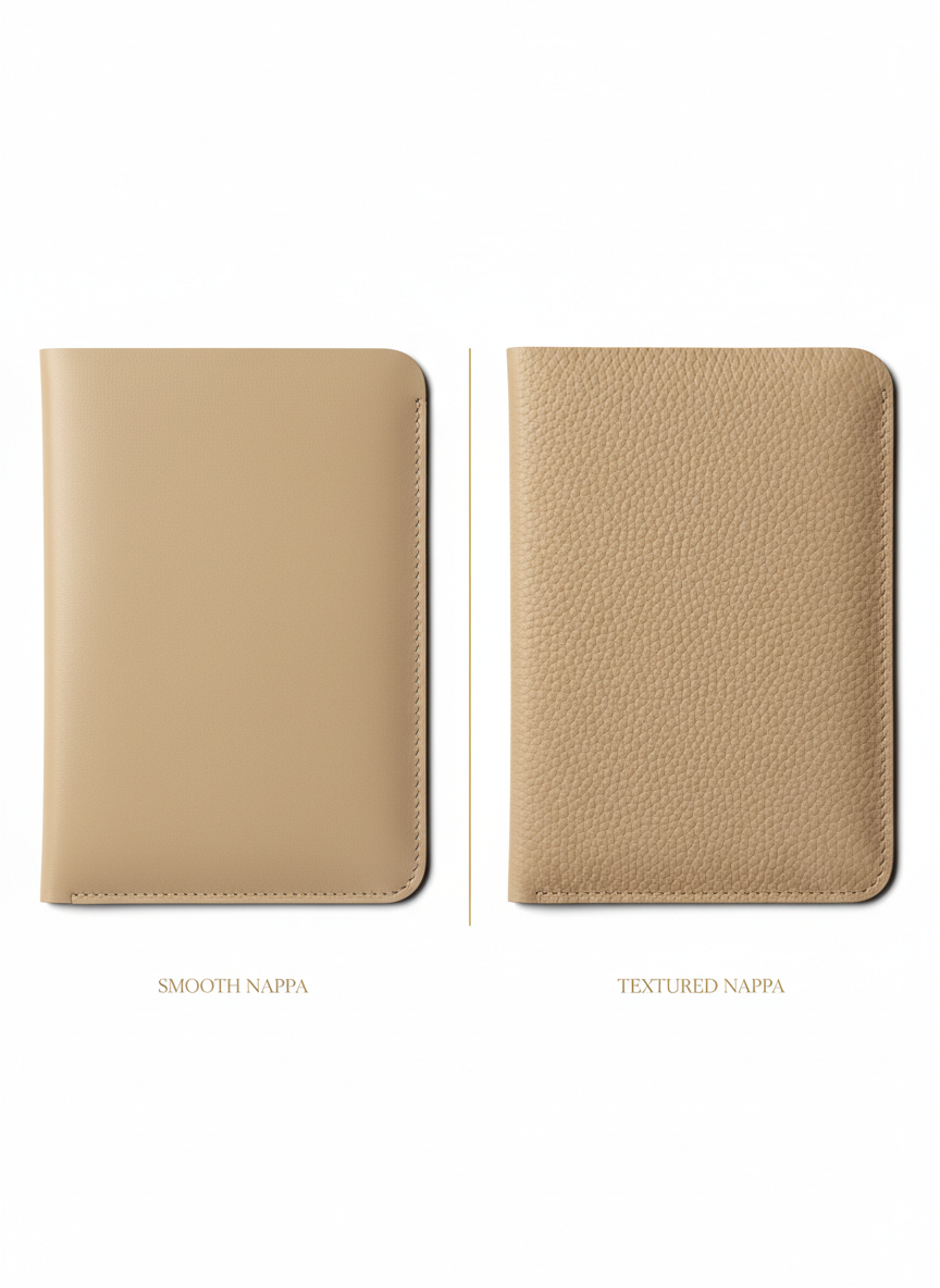Carnet Grues du Japon — editorial styled view on dark wood — elegant Italian nappa leather passport cover — Hoboken atelier