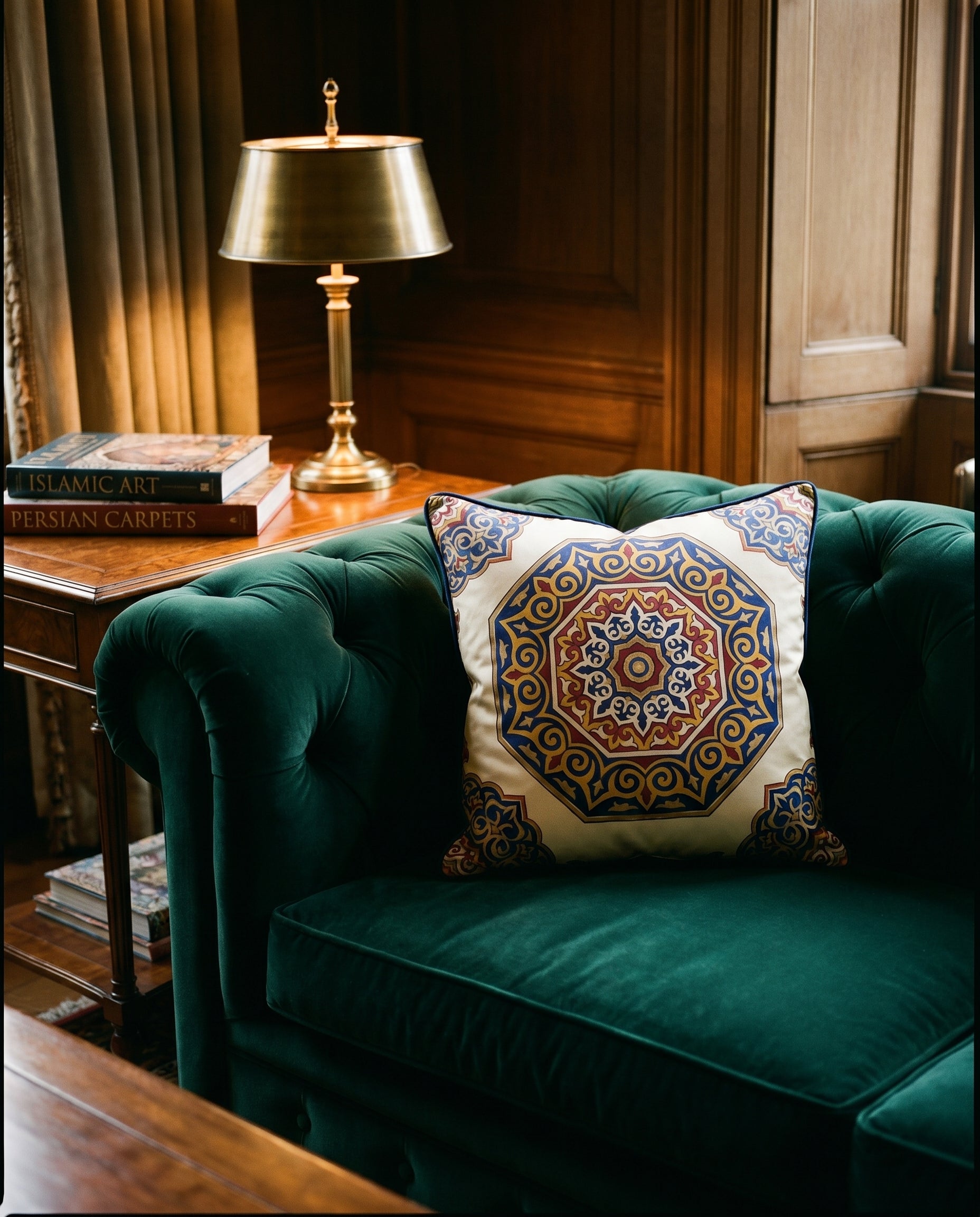 Coussin Médaillon Persan — reverse view on white — custom silk habotai cushion — Hoboken atelier