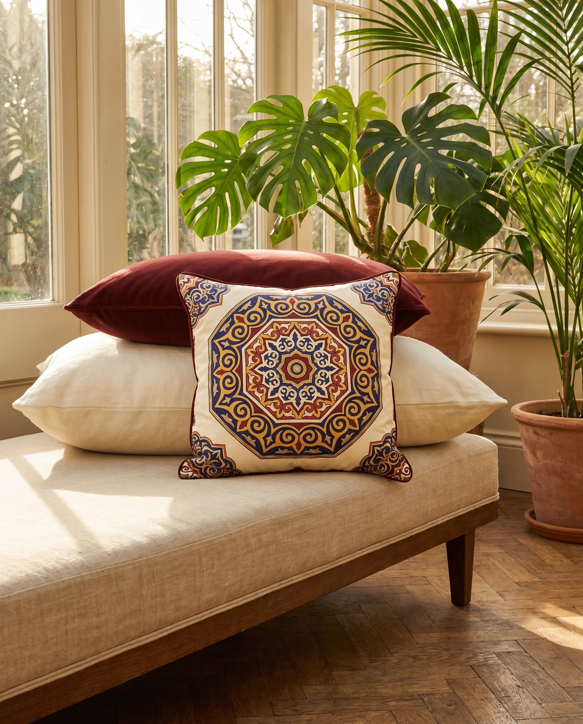 Coussin Médaillon Persan — drape in motion on taupe — flowing mulberry silk cushion — Hoboken atelier
