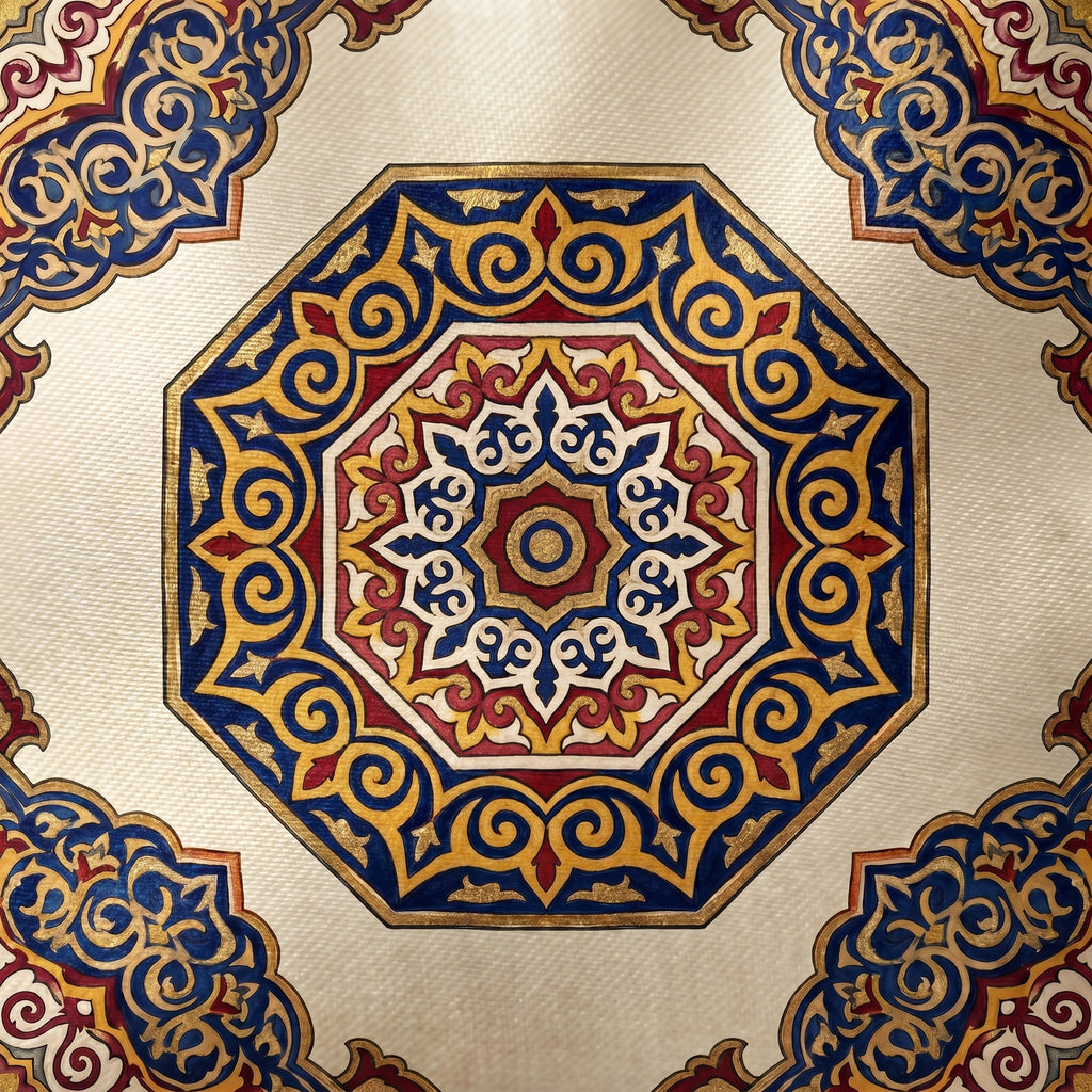 Coussin Médaillon Persan — lifestyle setting on wood — artisanal silk blend cushion — Hoboken atelier