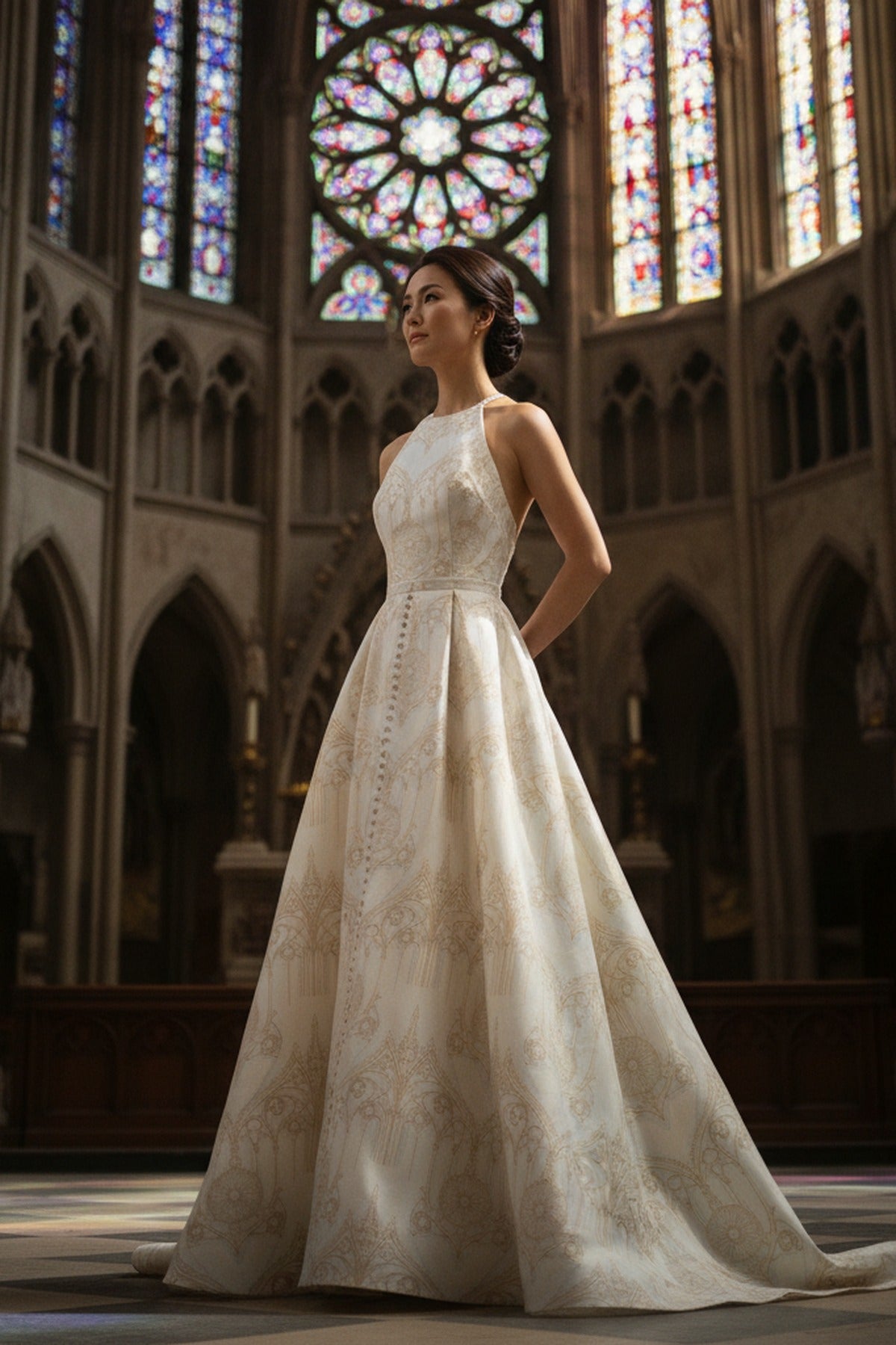 La Cathédrale — Lifestyle context by stained glass — Bridal quiet luxury dress in luminous silk — Hoboken atelier