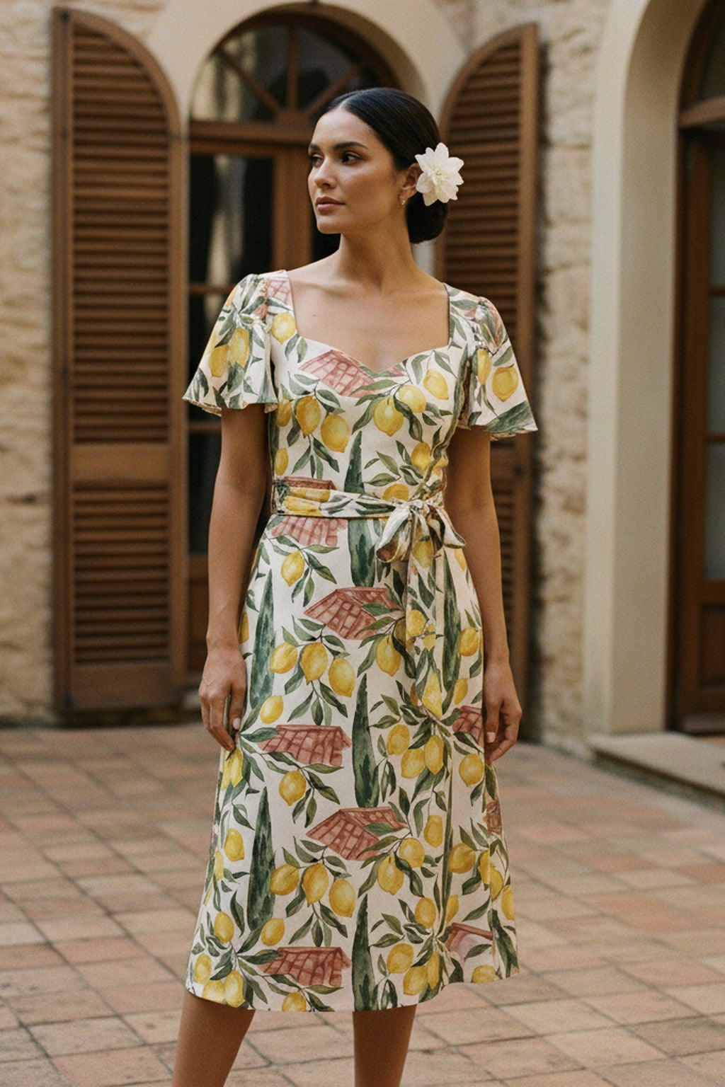 La Côte d'Azur — Lemon-Grove Tea Dress — lifestyle setting in stone courtyard — luxurious silk twill — Hoboken atelier