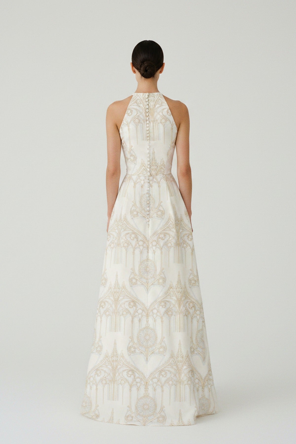 La Cathédrale — Drape in motion, studio light — Halterneck wedding gown in flowing silk charmeuse — Hoboken atelier