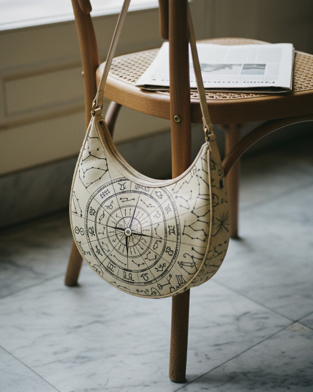 Le Demi-Lune in Codex Stellaire — hero flatlay on light grey — Italian nappa leather with celestial print — Hoboken atelier