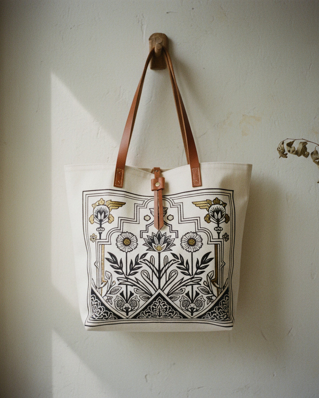 Tote Bag — Art Deco Botanical Garden — macro fabric detail on rich green — atelier-printed cotton linen — Hoboken atelier
