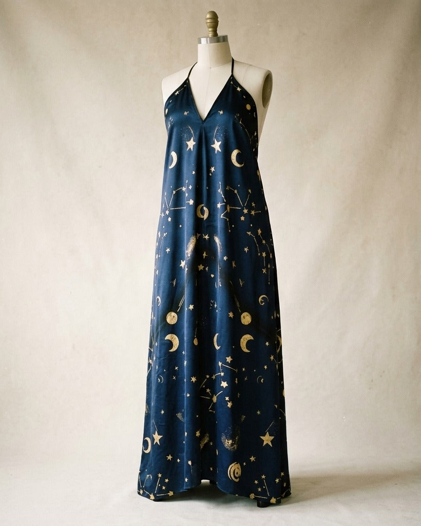 La Soirée — Constellation Reception Slip — hero flatlay on midnight blue — luxurious bias cut silk — Hoboken atelier