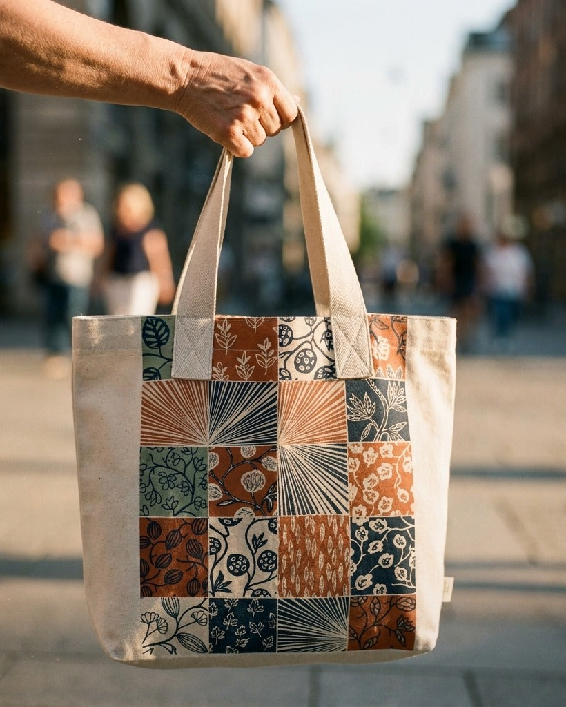 Tote Bag — Block Printed Botanical Patchwork — hero flatlay on linen — cotton linen canvas — Hoboken atelier