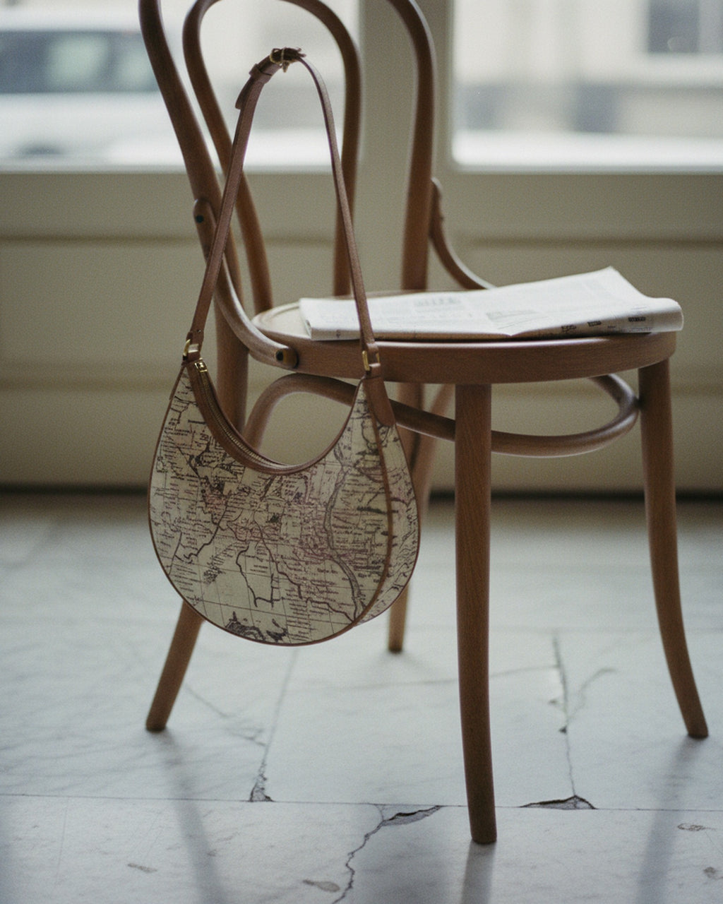 Le Demi-Lune in Carte de Tendre — macro detail on cream — Italian nappa leather cartography design — Hoboken atelier