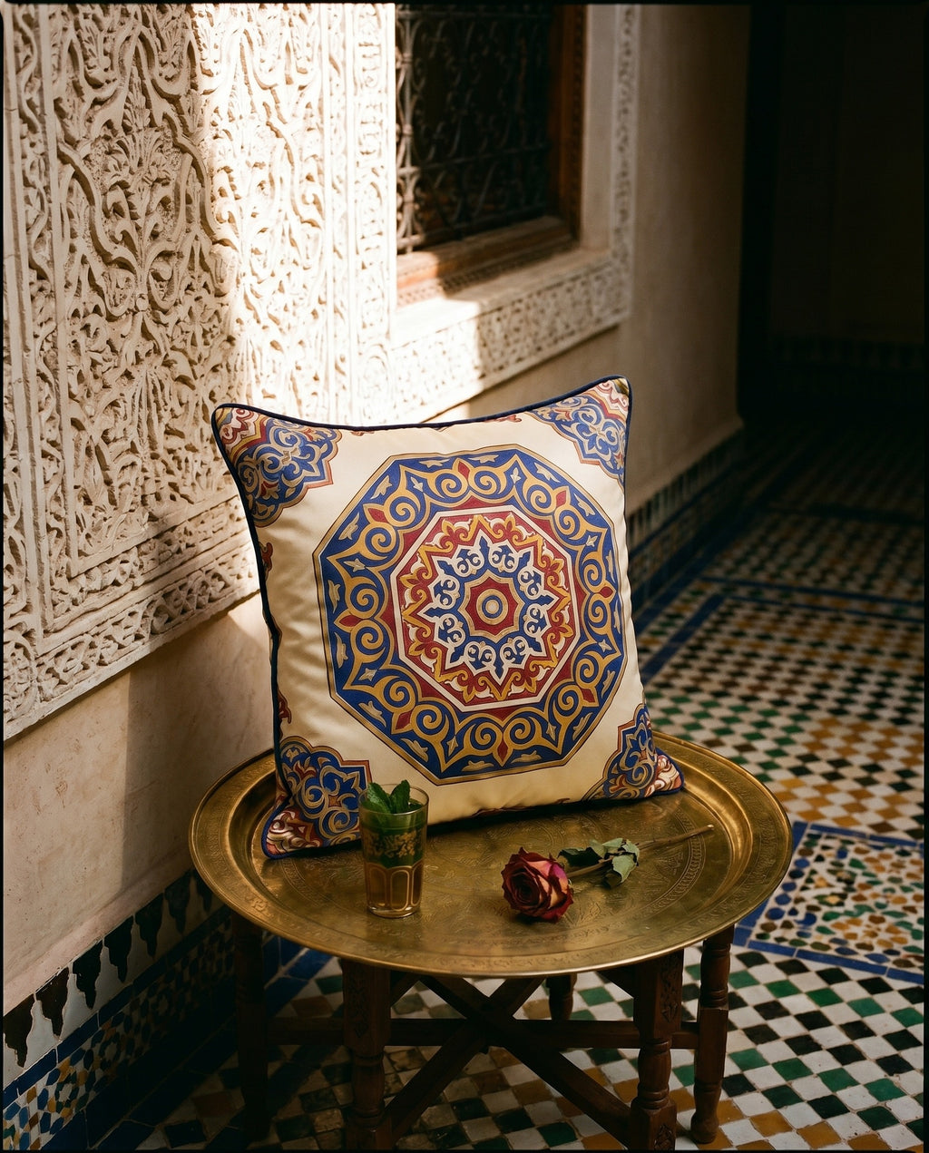 Coussin Médaillon Persan — hero flatlay on ivory — bespoke silk twill cushion — Hoboken atelier