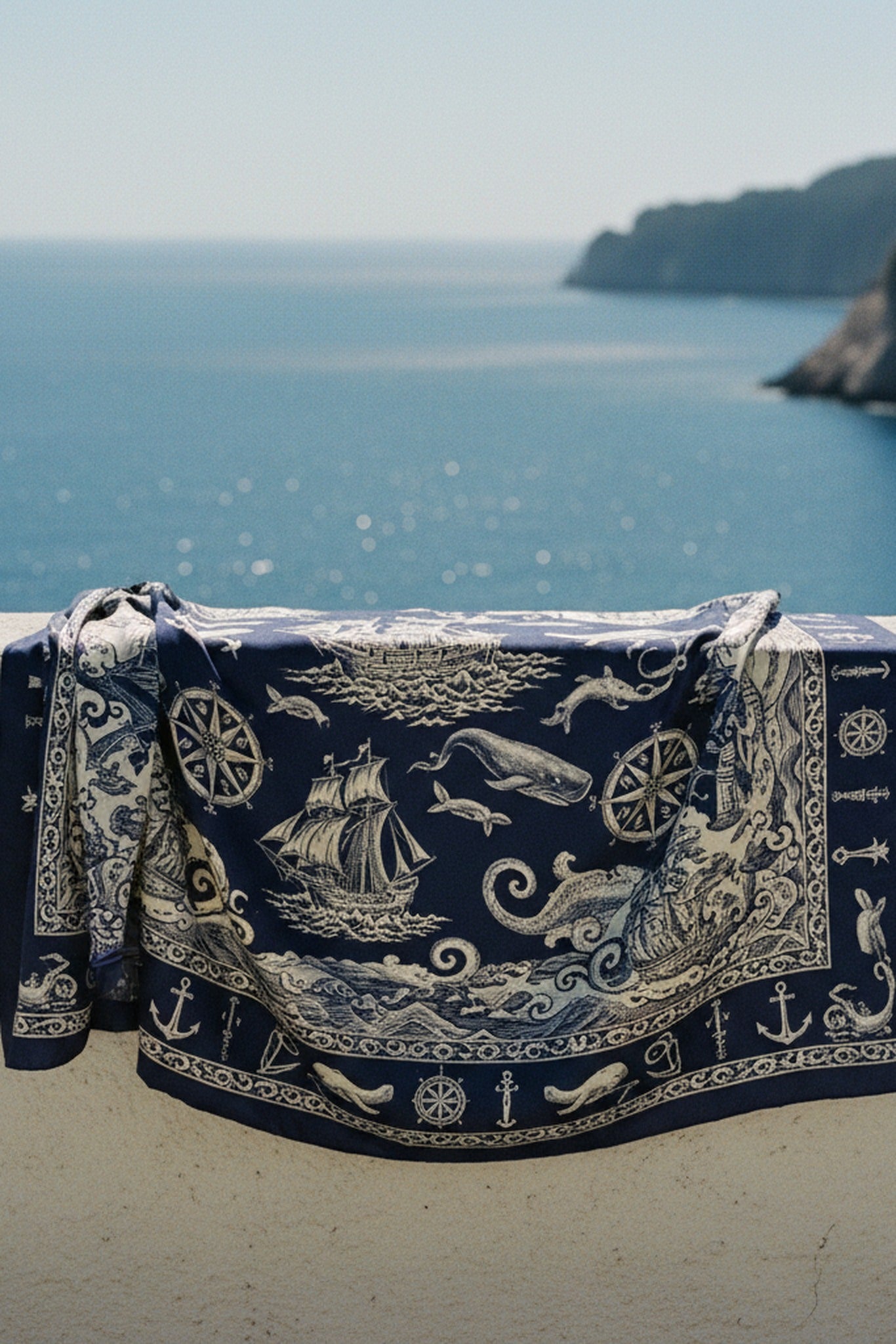Maritime Toile Marine Silk Sarong — macro fabric detail of anchor print — luxurious silk charmeuse — Hoboken atelier