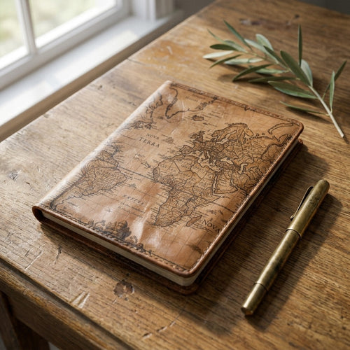 Carnet Mappemonde Mercator — hero flatlay on neutral ground — Italian nappa leather — Hoboken atelier