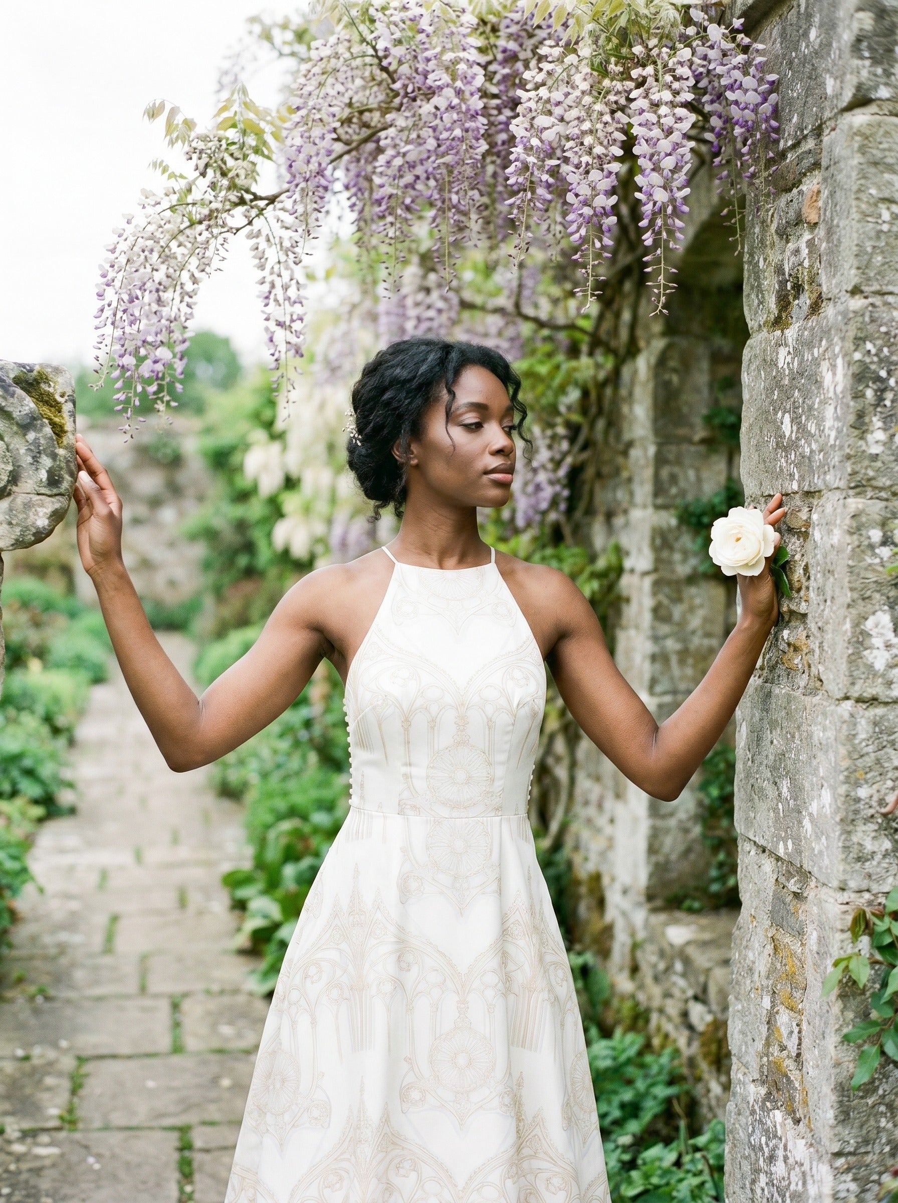 La Cathédrale — Hero flatlay on white — Crepe de chine silk dress with architectural lace print — Hoboken atelier