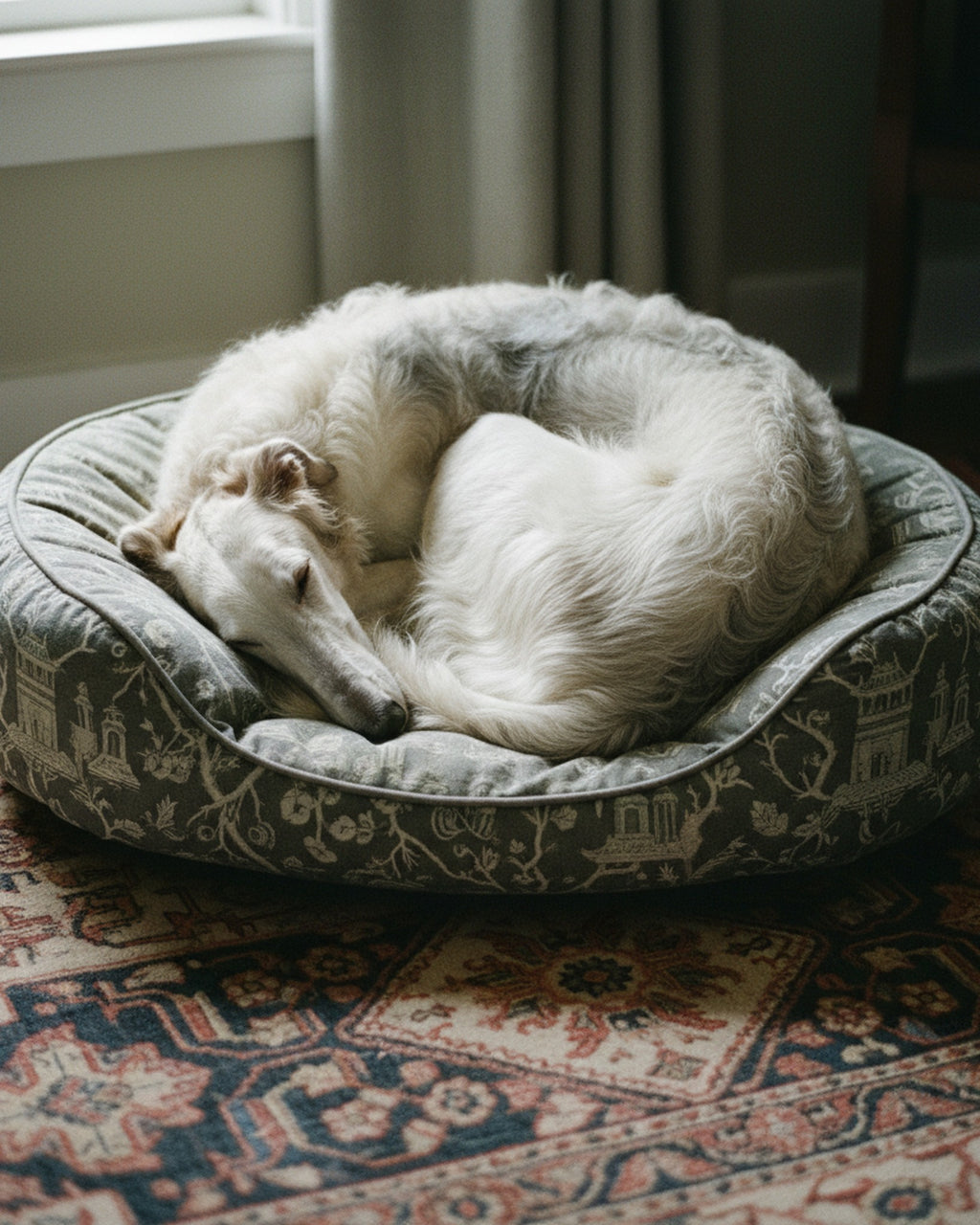 Dog Bed Charcoal Sage Chinoiserie · editorial · Creo Fleur Atelier