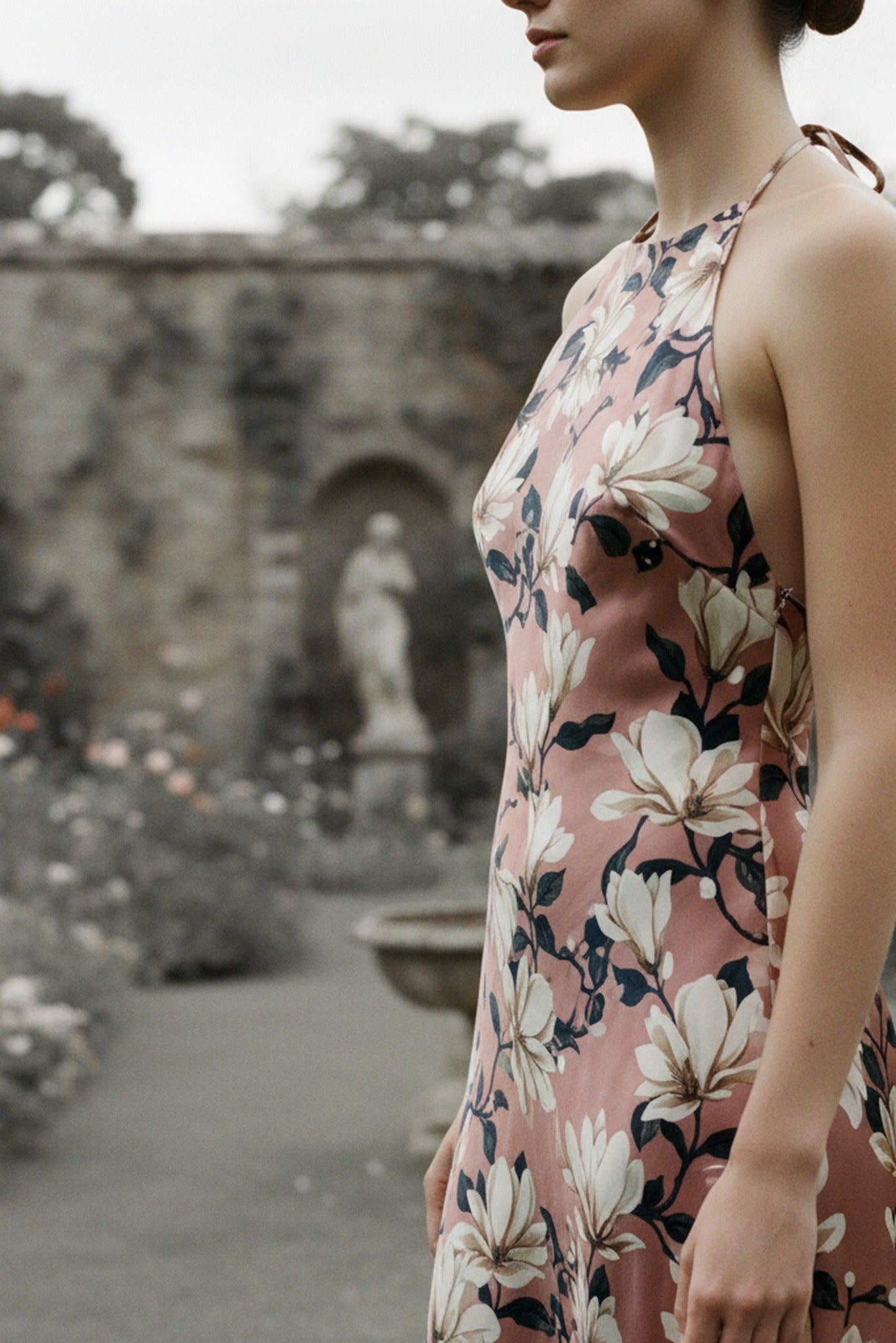 Cottage Goth Magnolia Halterneck Dress — macro fabric detail on black — luxurious silk charmeuse — Hoboken atelier