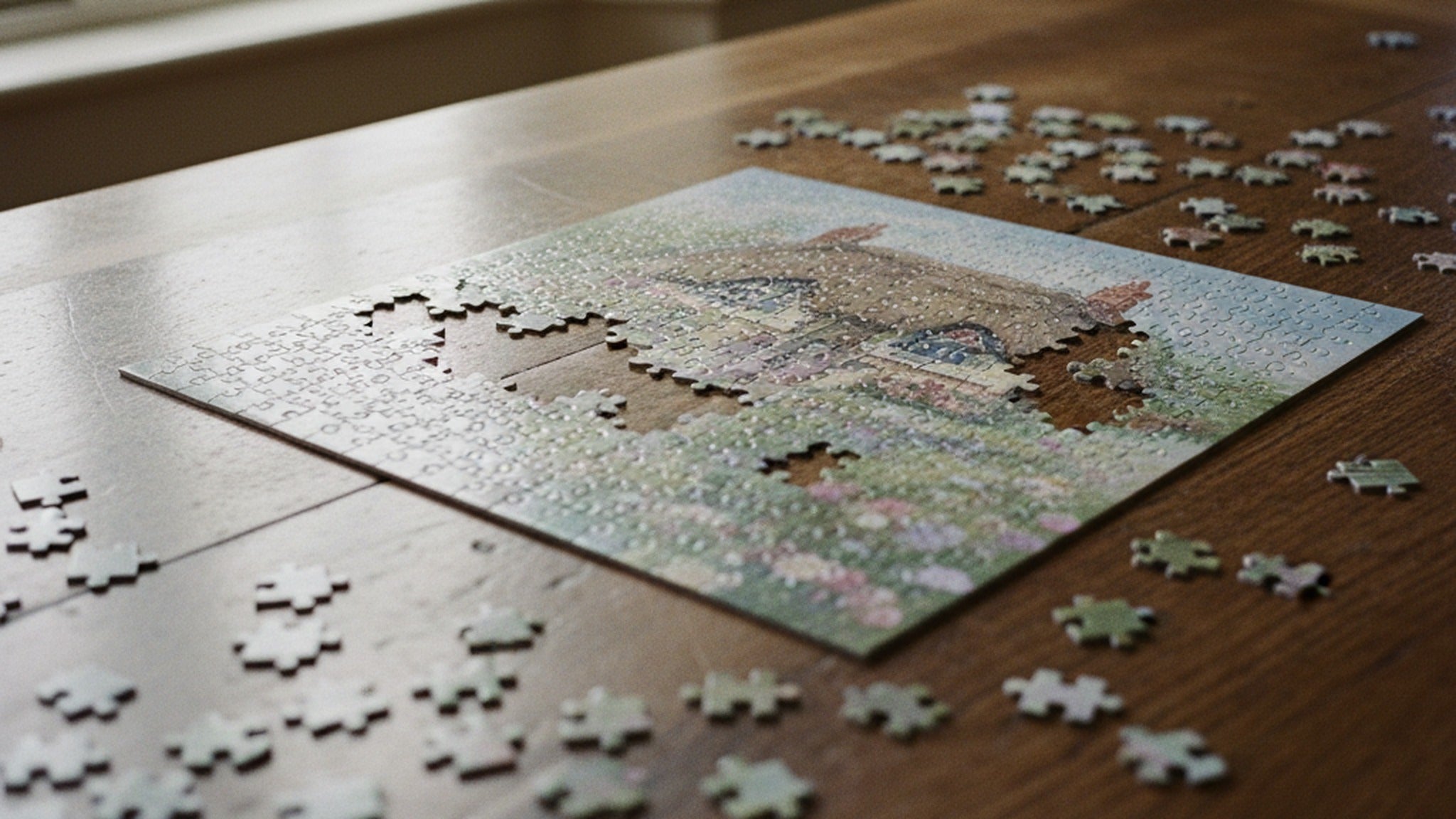 Jigsaw Puzzle Wildflower Meadow Cottage Scene · editorial · Creo Fleur Atelier