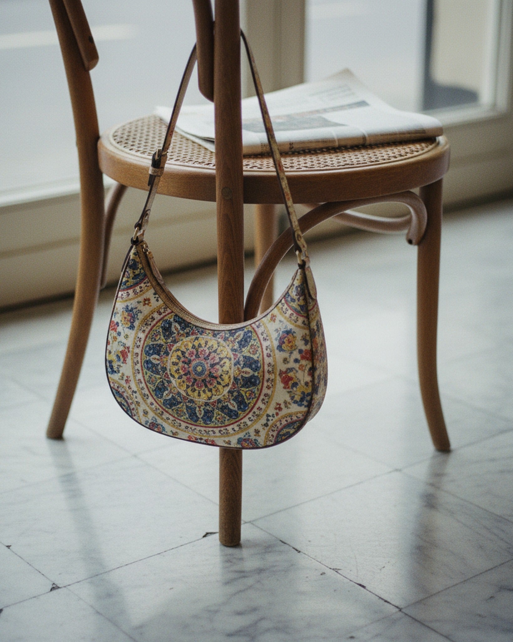 Le Demi-Lune in Le Jardin Persane — hero flatlay on a white surface — Italian nappa leather and reactive-dyed mulberry silk — Hoboken atelie