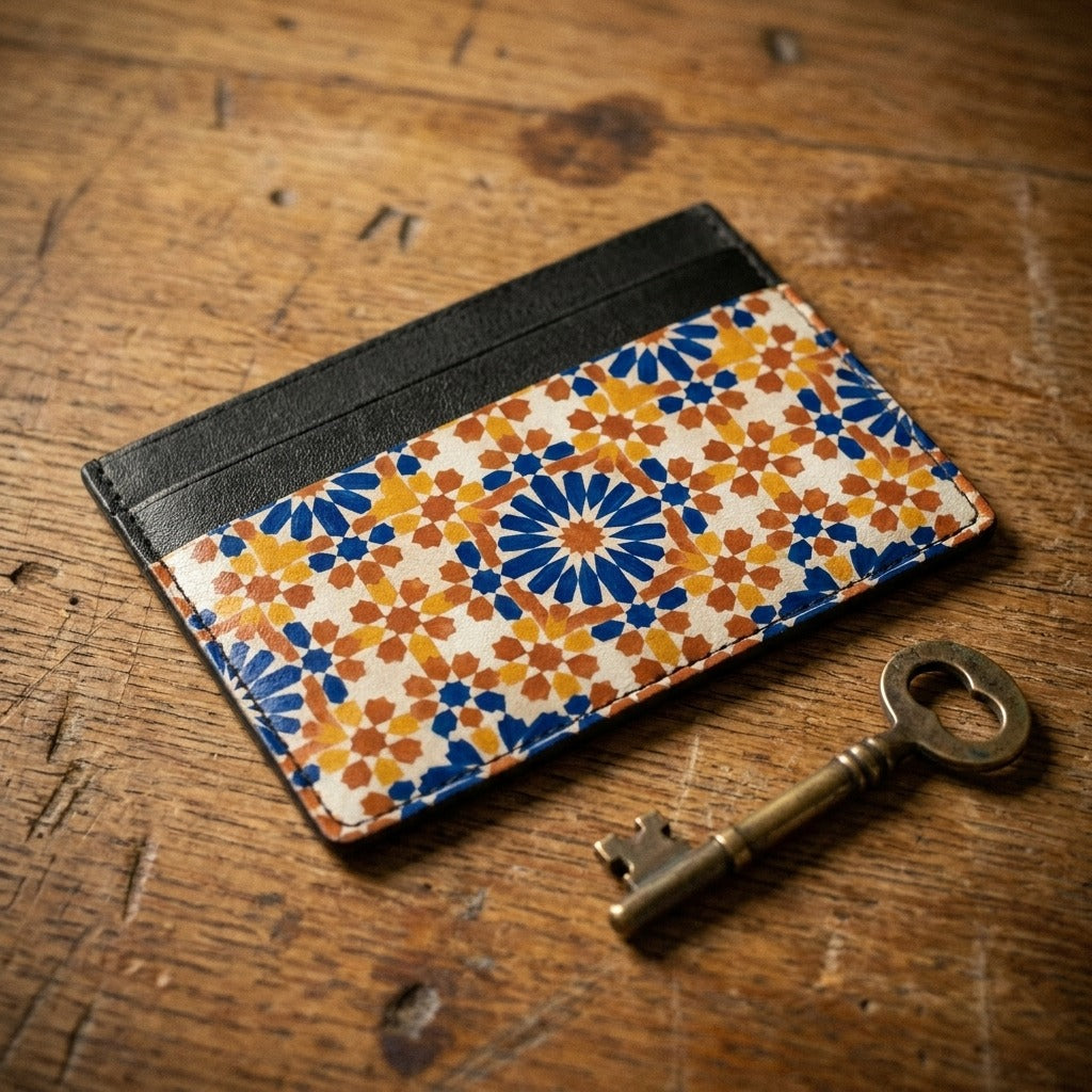 Carte Zellij Marrakech — hero flatlay on creamy surface — Italian nappa leather with geometric pattern — Hoboken atelier