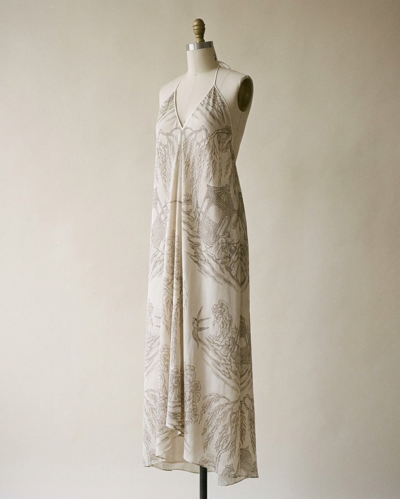 La Demoiselle — Hero flatlay on dove grey — Editorial silk charmeuse — Hoboken atelier