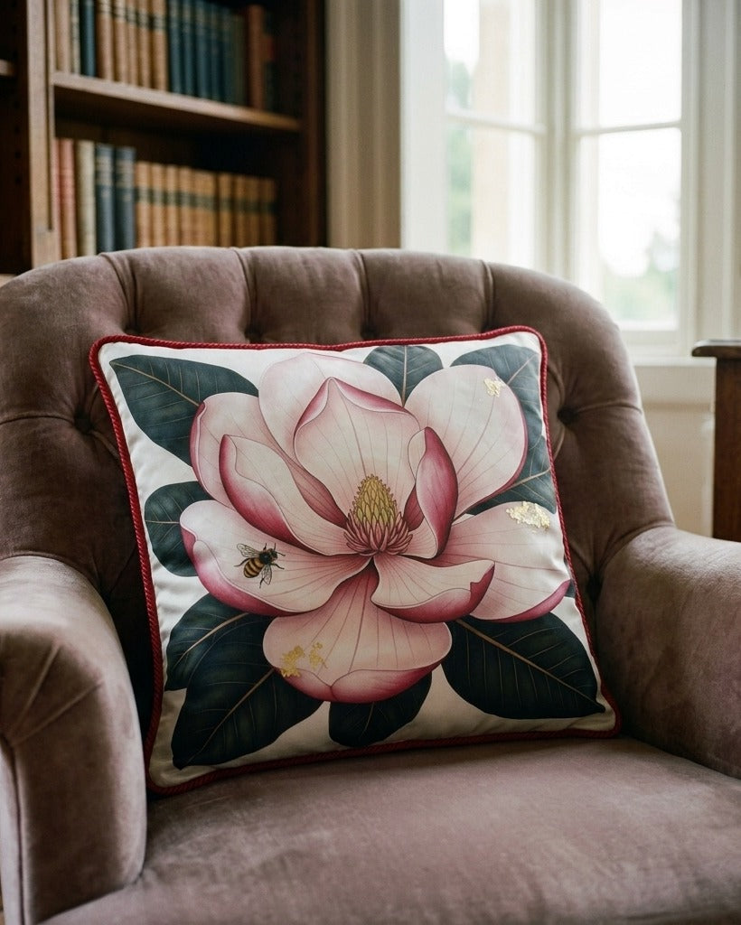Coussin Magnolia — Hero flatlay on muted linen — Artisanal silk charmeuse with botanical print — Hoboken atelier