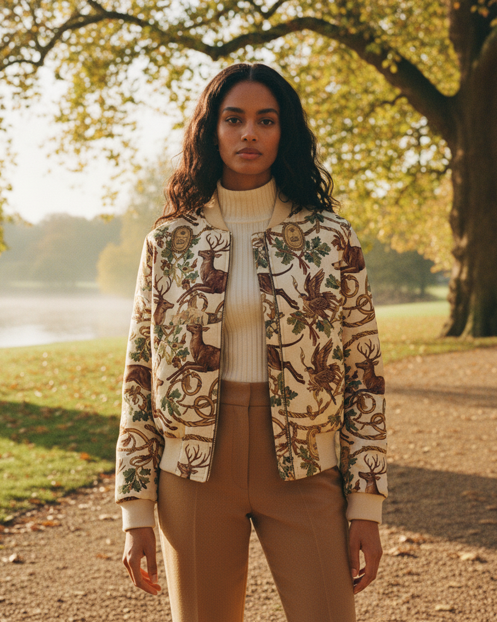 La Chasse Royale Reversible Silk Bomber Jacket — hero flatlay on Hyde Park green — reactive-dyed mulberry silk twill — Hoboken atelier