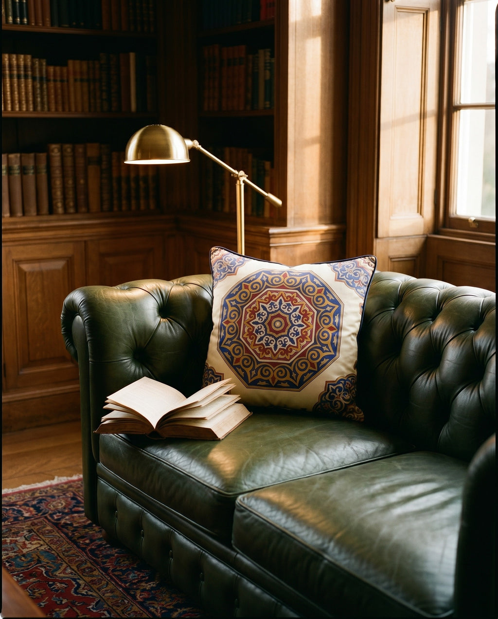 Coussin Médaillon Persan — macro detail on beige — luxurious silk charmeuse cushion — Hoboken atelier
