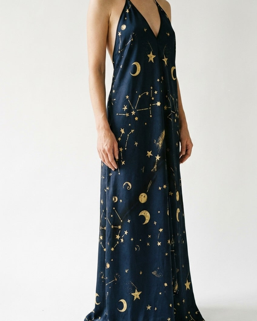 La Soirée — Constellation Reception Slip — macro fabric detail on celestial motif — reactive-dyed mulberry silk — Hoboken atelier